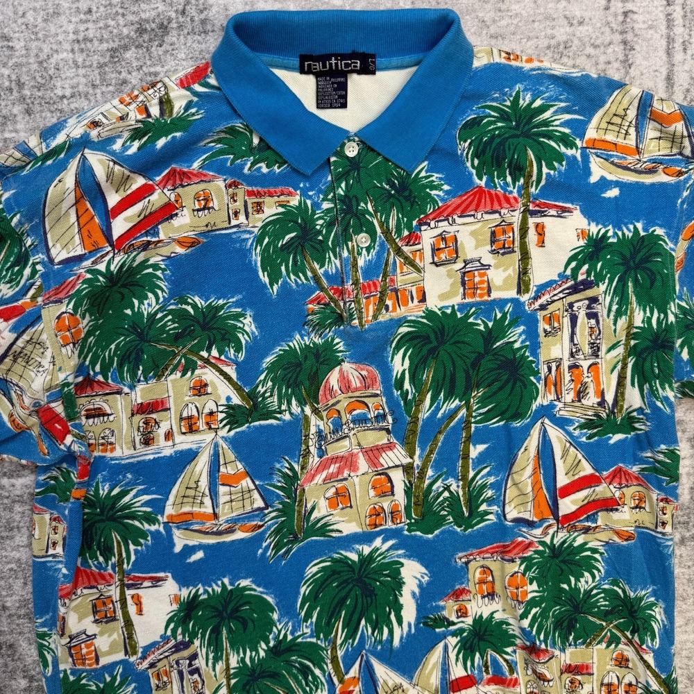 VTG Nautical Polo Shirt Mens Large All Over Print AOP Tropical Beach Riviera 90s